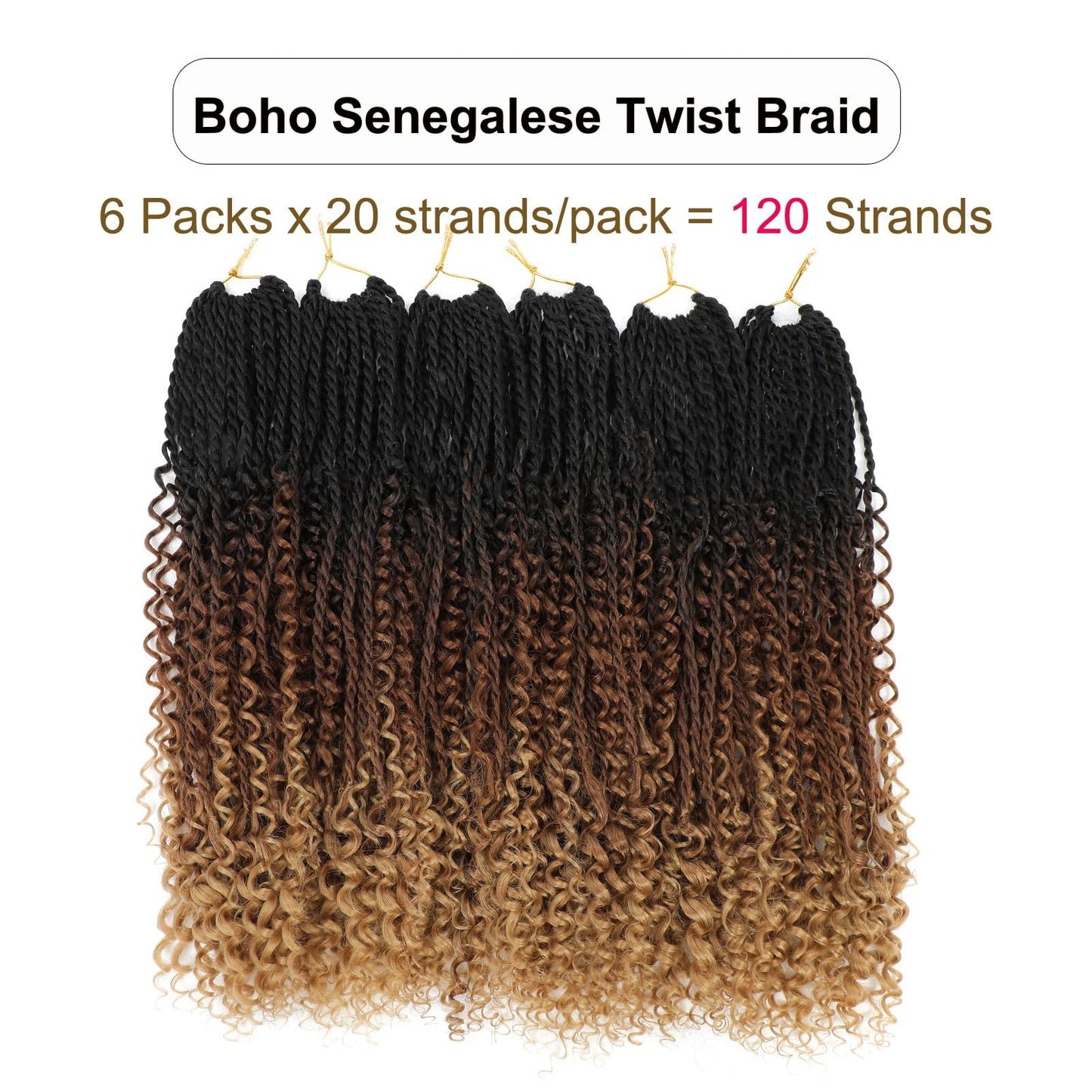 Goddess Twist Braids Crochet Hair With Curly Ends Senegalese Twist Braids Crochet Braids 6 Packs black brown light brown Crochet Braids Synthetic Braiding Hair Extension for Black Women (18inch, 53#)