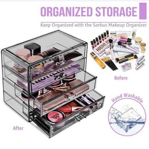 Sorbus Makeup Organizer - 4 Drawer Acrylic Make Up Organizers and Storage for Cosmetics, Jewelry, Beauty Supplies, Clear Makeup Organizer for Vanity, Girl's Room, College Dorm, Counter, Bathroom Sinks