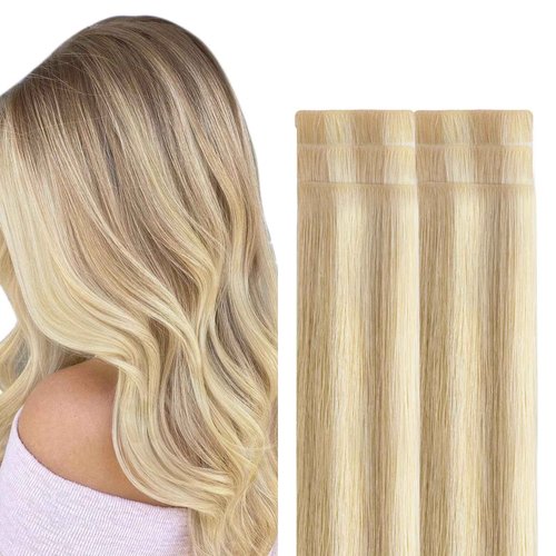 GOO GOO Invisi Edge Tape in Hair Extensions Human Hair, 18A/613A Dark Blonde Highlighted Bleach Blonde, 6pcs 20inch 18g, Virgin Remy Hair, Seamless Injected Tape, Natural Look
