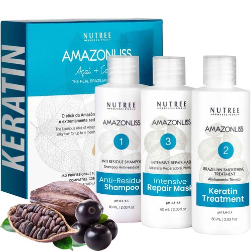 Amazonliss Keratin Hair Smoothing Kit – 3 Steps, 2.03 fl oz | Formaldehyde-Free At Home Hair Straightening System | Anti-Frizz Repair Mask & Shampoo
