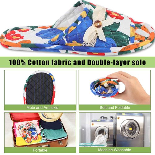 Chuarry 5 Pairs Floral Cotton House Slippers for Women, Soft Open Toe Indoor Spa Slippers for Guests Non Slip Washable Comfortable Portable Shoes for Hotel Travel Bedroom Airplane Party