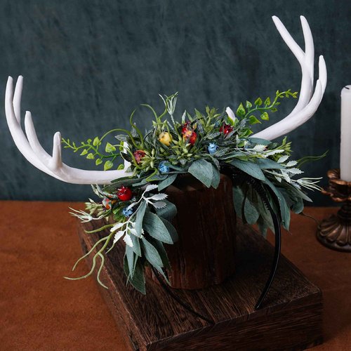 MOSTORY Handmade White Antler Headband with Green Leaves - Woodland Deer Horns Hairband Forest Reindeer Headpiece with Fruits for Women Girls Renaissance Hallowen Cosplay Photo Shoot