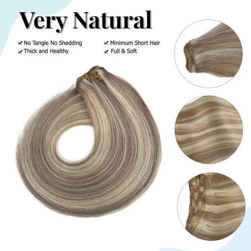 Sew in Hair Extensions Real Human Hair, Ombre Brown to Platinum Blonde Highlighted Weft Hair Extensions Human Hair 80G Double Weft Hand Tied Human Hair Extensions Sew in Bundles 16 Inch