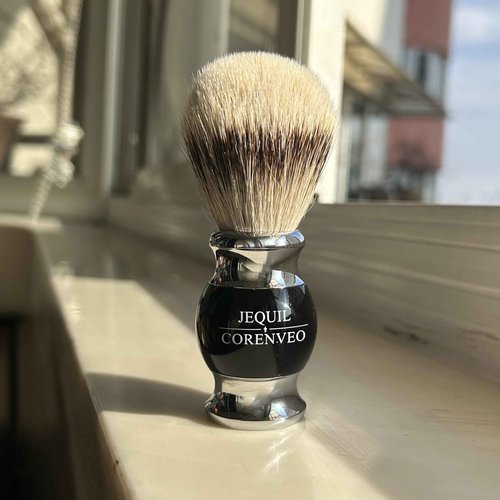 JEQUIL&CORENVEO 100% Silvertip Badger Hair Shaving Brush, Handmade Shaving Brush with Fine Resin Handle and Stainless Steel Base (Black)