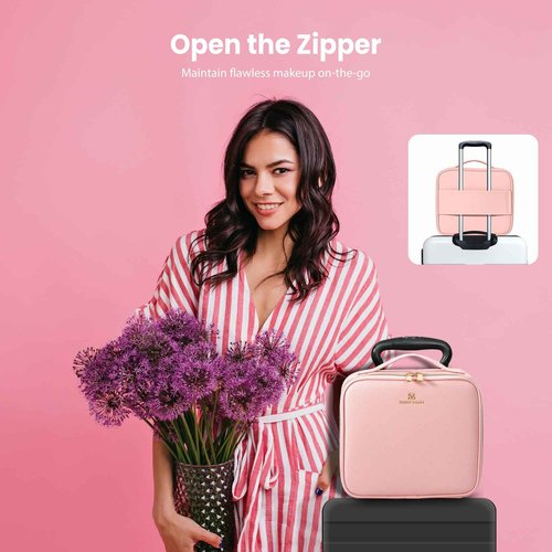 NHOPEJRJY Makeup Bag with Mirror and Light Travel Makeup Bag Makeup Train Case Cosmetic Organzier Portable Artist Bag with Adjustable Dividers Makeup Brushes Storage Organizer Gift for Women Pink
