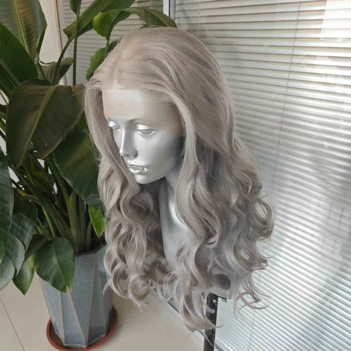 RDY Sliver Grey Long Body Wave Lace Front Wig Middle Part Natural Wavy Heat Resistant Fiber Synthetic Wigs for Women Girls Party Cosplay Wear 24 Inch