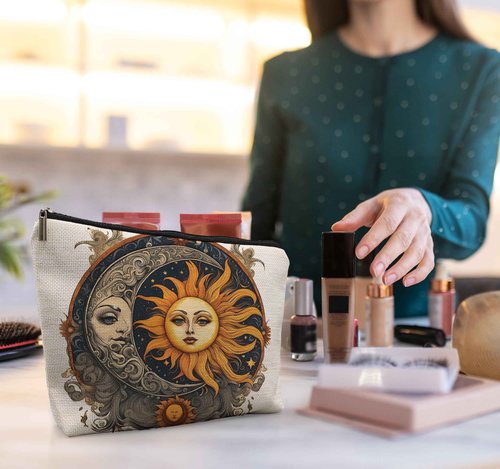 uinwk Boho Celestial Sun and Moon Makeup Pouch - Witchy, Aesthetic Cosmetic Bag for Women - Halloween Gifts