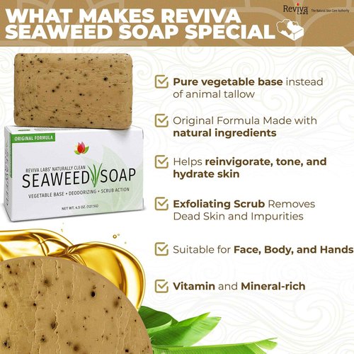 Reviva Seaweed Soap - 4 Pack - Organic Seaweed Face Scrub and Exfoliating Body Scrub Soap Bar - 4.5 oz. Vegetable Base Natural Bar Soap and Seaweed Bath Detox Soap Made in the USA