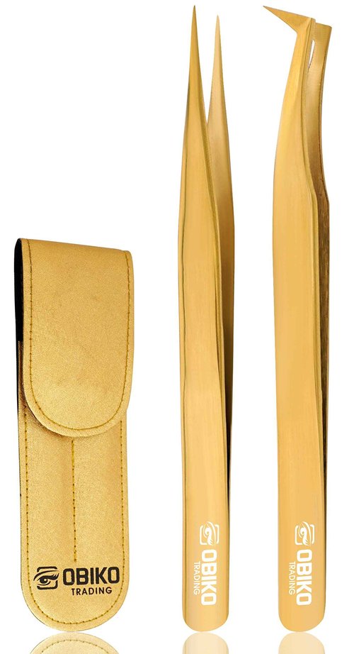 Obiko Eyelash Extension Tweezers Set 2 Piece Golden Straight And Curved Lash Tweezer Set For Women,Ideal For Precise Application And Correction