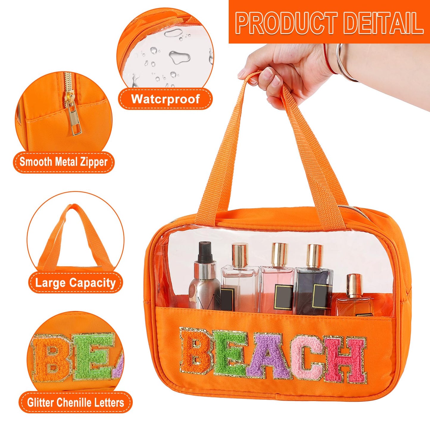 Chenille Letter Patch Clear Bag,Preppy Multi-purpose PVC&Nylon Clear Makeup Bag with Handles,Large Travel Makeup Toiletry Storage Zipper Pouch, Tote Bag for Women (Orange-BEACH)