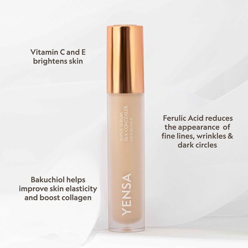YENSA Super Serum Silk Concealer - Full Coverage Undereye Concealer & Peptides Serum for Face - Enriched with Vitamins C & E, Bakuchiol & Superfoods to Boost Radiance - Light 2 (0.2 Fl oz)