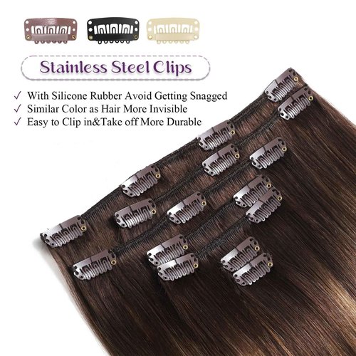 Clip in Hair Extensions Real Human Hair, Remy Human Hair Clip in Extensions for Women, 14 Inch 7Pcs 85g, Balayage Chocolate Brown to Caramel Blonde, Natural Straight Hair
