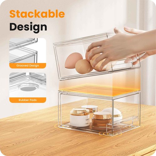 A-LuGei 【𝟮𝗣𝗖𝗦】 Acrylic Stackable Storage Drawers, 7.5" L Makeup Organizer, Bathroom Organizer and Storage, Plastic Storage Bins for Kitchen Cabinet Pantry Medicine Fridge