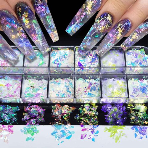 12 Grids Mermaid Nail Art Glitter Sequins 3D Holographic Irregular Fragments Cellophane Fragments Nail Sequins Colorful Fluorescent Glass Paper Nail Stickers for Women Girls Acrylic Nail Decoration