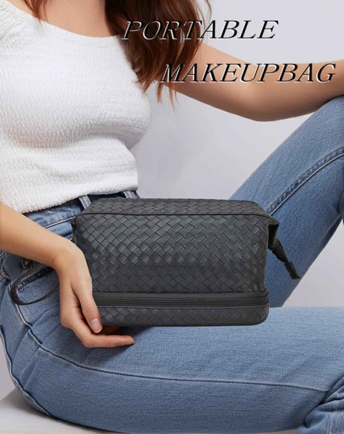 NGIL Faux Leather Cosmetic Bag for Women, Makeup Bag Organizer, Makeup Brush Storage, Portable Travel Bag for Toiletries (Woven, Black, Medium)