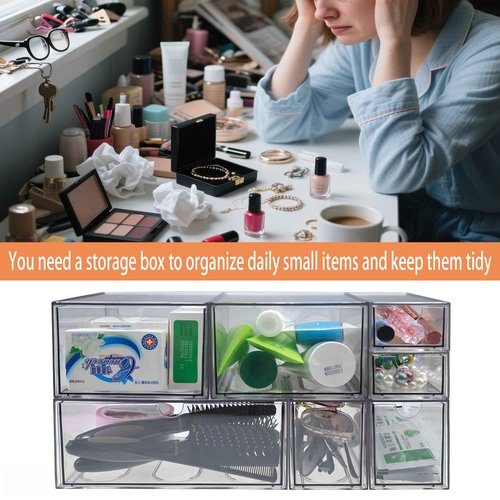 MINIBIGBOX 7 Pack Stackable Storage Drawers Acrylic Bathroom Makeup Organizer Clear Plastic Storage Bins for Makeup,Vanity,Pantry,Desk,Undersink,Kitchen