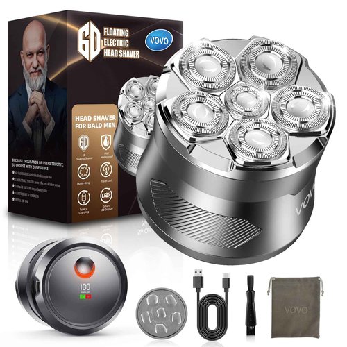 VOVO Head Shavers for Bald Men 2 Speed 6D Electric Face Head Shaver Large Capacity Cordless Type-C Rechargeable IPX7 Waterproof Bald Head Shaver Wet & Dry Use Head Razor Suitable for Home and Travel