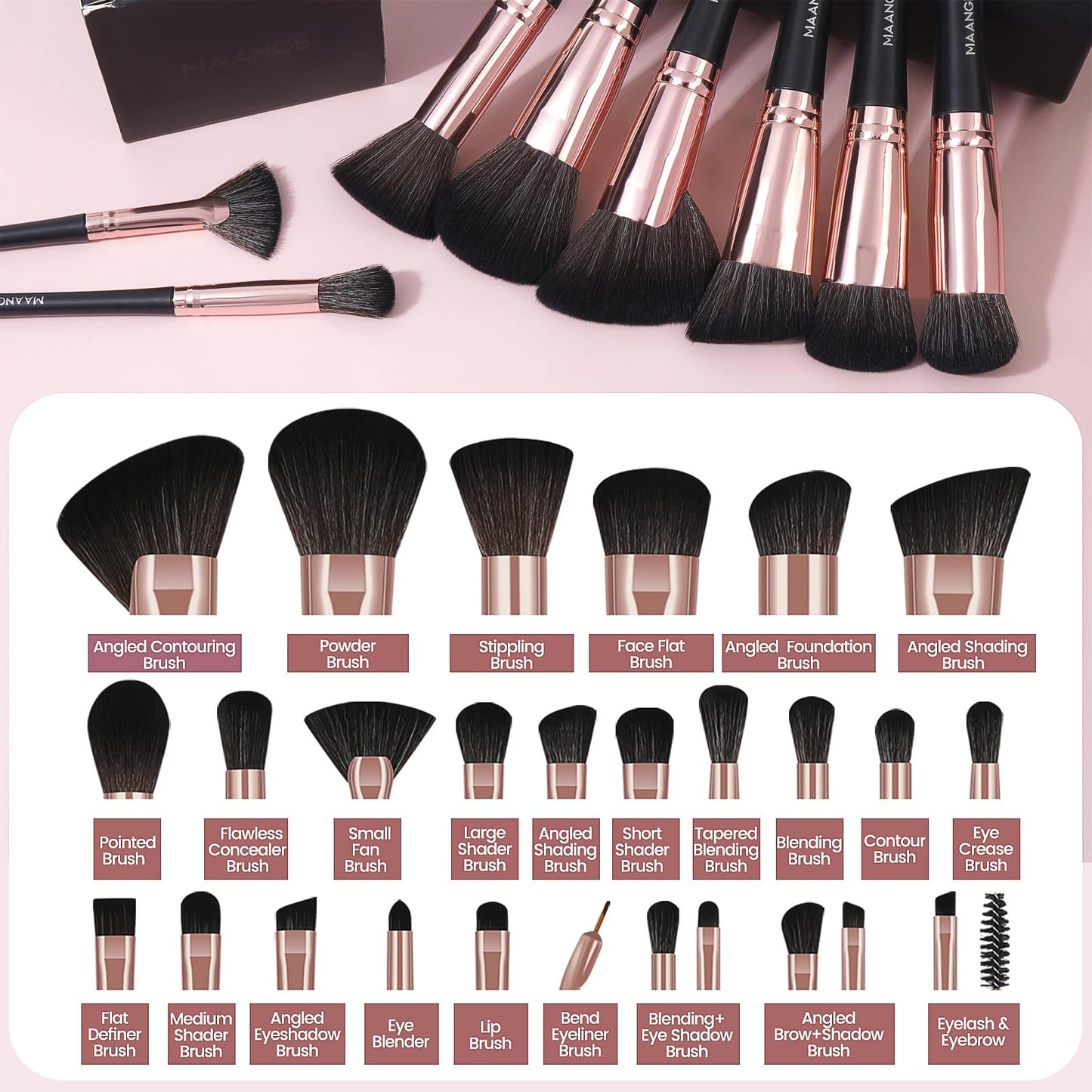 Makeup Brush Set, MAANGE 25 Pcs Makeup Brushes Premium Synthetic Foundation Eyeshadow Blush Brush Travel Blending Concealers Face Powder Eye Makeup Brush with Black Case