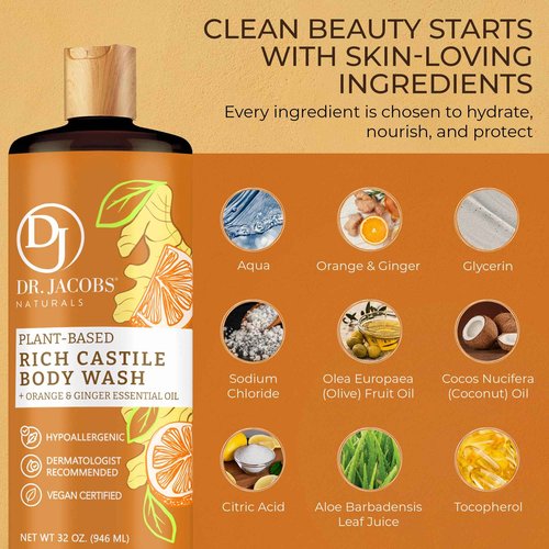 Dr. Jacobs Naturals Pure Castile Soap Liquid Body Wash, Orange & Ginger - All Natural Soap Infused with Vitamin E & Aloe Vera to Moisturize Dry and Sensitive Skin - Made in the USA - 32 oz, Pack of 1