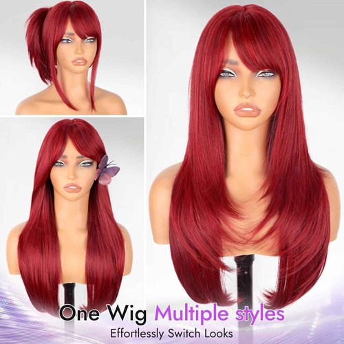 Eawwii Long Red Wig with Bangs for Women, 4x4 Realistic Scalp,Free Parting, Layered Hairstyle Synthetic Heat Resistant for Daily Party Use 26 inch