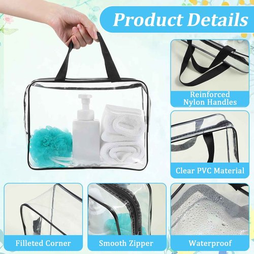 Molain 10 Pack Large Clear Makeup Bags with Zipper Handle, 12x9x4 Inch PVC Toiletry Travel Bag Waterproof Cosmetic Tote Pouch Transparent Storage Organizer for Women Men