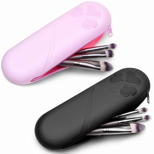 Eco-Fused Travel Makeup Brush Holder with Zipper, 2 Pack, Silicon Trendy and Portable Cosmetic Face Brushes Holder, Soft and Sleek Makeup Tools Organizer for Travel (Pink & Black)