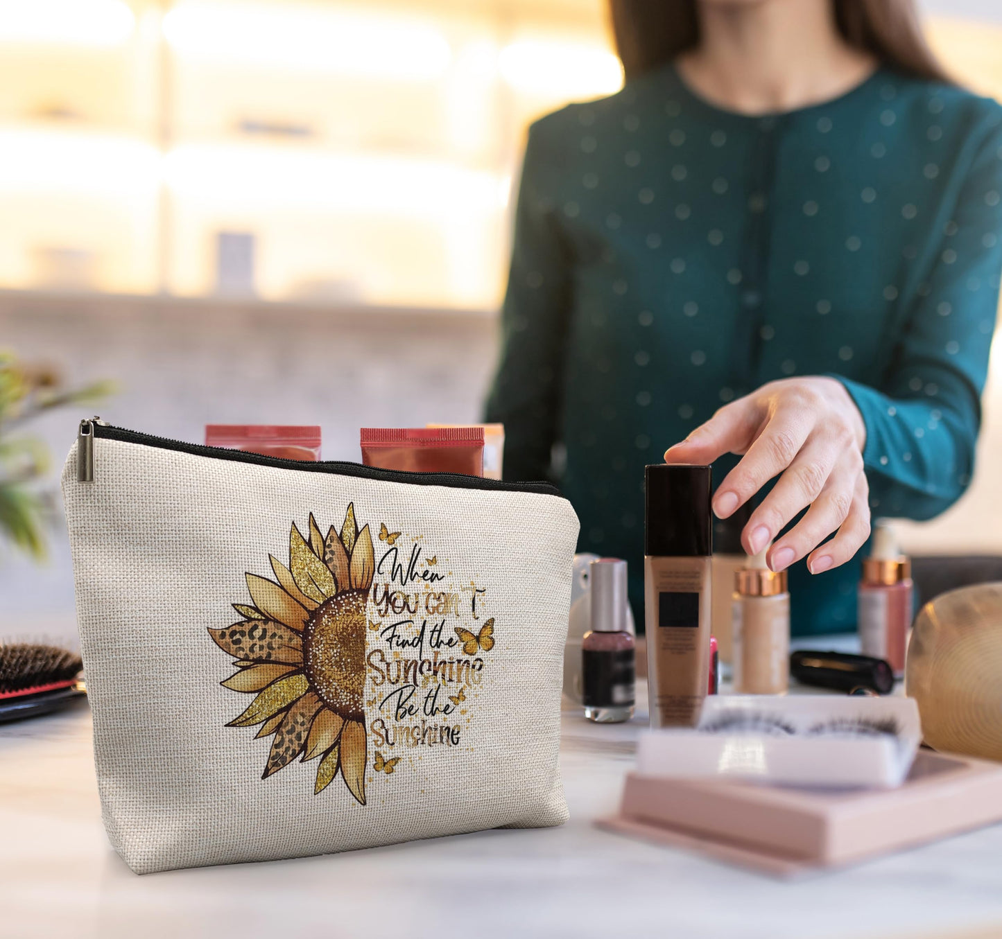 uinwk Positive affirmations makeup bag,sunflower makeup bag,sunflower gifts for women,sunshine makeup bag,inspirational gift for women sister daughter best friend