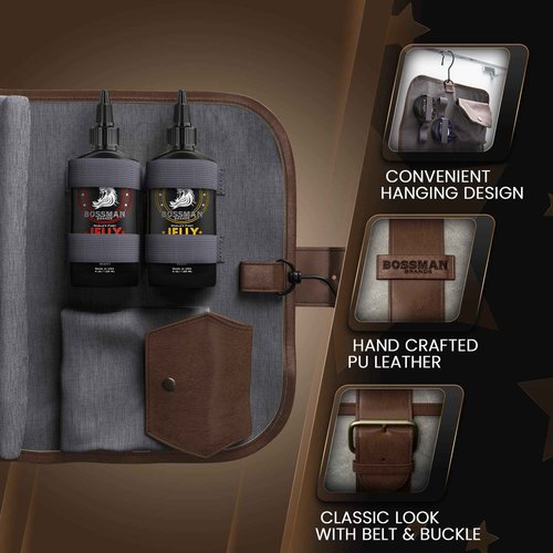 Bossman PU Leather Toiletry Bag for Men - Water Resistant Toiletry Kit Mens Hanging Travel Organizer - Hand Crafted Portable Traveling Accessories
