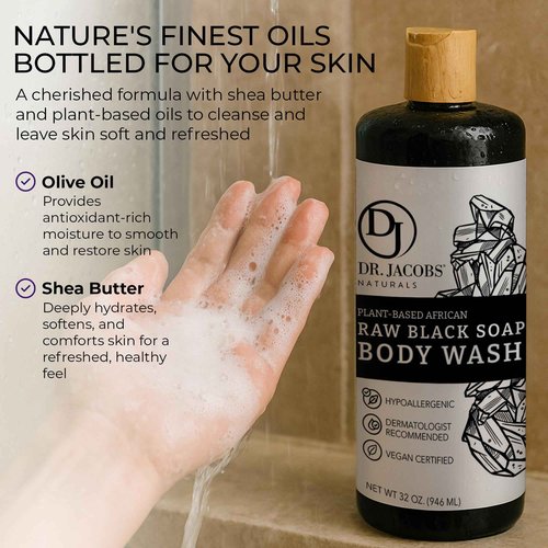 Dr Jacobs Naturals Authentic African Raw Black Soap, All-In-One Cleanser for Face Wash, Sensitive Skin Body Wash, Shampoo, Shaving Soap | Shea Butter Moisturizing and Nourishing Formula | 32oz 1pk