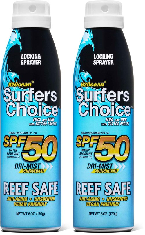 H2Ocean Surfers Choice SPF 50 Spray - Quick-Drying Sunscreen Spray for Tattoo Aftercare & UV Protection - Reef-Safe Sun Protection for All Ages - 6 oz (Pack of 2)