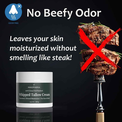 Innophera Whipped Beef Tallow Cream for Skin Care ‒ Grass Fed & Grass Finished ‒ 100% Natural Moisturizer for Sensitive Skin ‒ Handmade Face & Body Lotion ‒ Unscented & Odorless ‒ 3.4 oz.