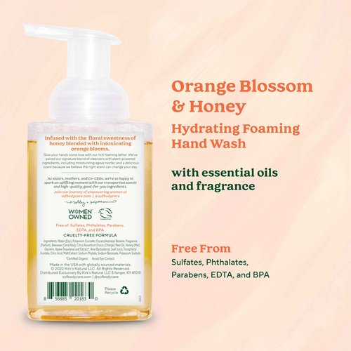 SoF Hydrating Foaming Hand Wash - With Organic Agave Nectar & Coconut Oil- Vegan & Non GMO- Free From Phthalates, Sulfates & Parabens- Orange Blossom & Honey - 8 oz Bottle 3 Pack