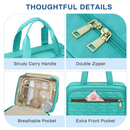 ASKSKY Large Travel Toiletry Bag for Women, Waterproof Hanging Toiletry Bags with Jewelry Organizer, Cosmetic Makeup Bag Organizer, Full-size Container, Travel Essentials Accessories, Shampoo, Green