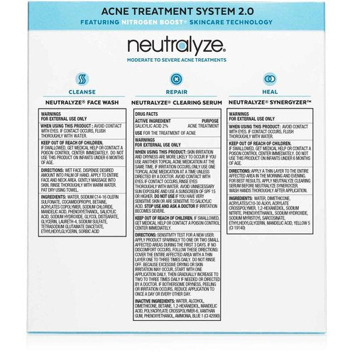 Neutralyze Moderate to Severe Acne Treatment Kit 2.0 - Maximum Strength 3 Step Acne Kit with 2% Salicylic Acid, 2% Mandelic Acid & Nitric Oxide - Includes Face Wash, Clearing Serum & Synergyzer