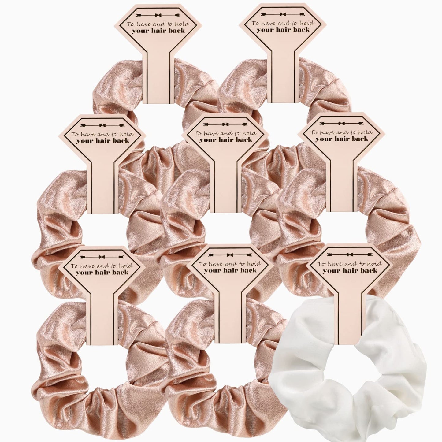 Loanzeg Satin Bridesmaid Scrunchies Bachelorette Hair Ties Set of 8 Bridal Shower No Damage Hairties ideas Gift for Wedding Party Favors Bridesmaid Proposal Gifts (8pcs White&Rose Champagne)