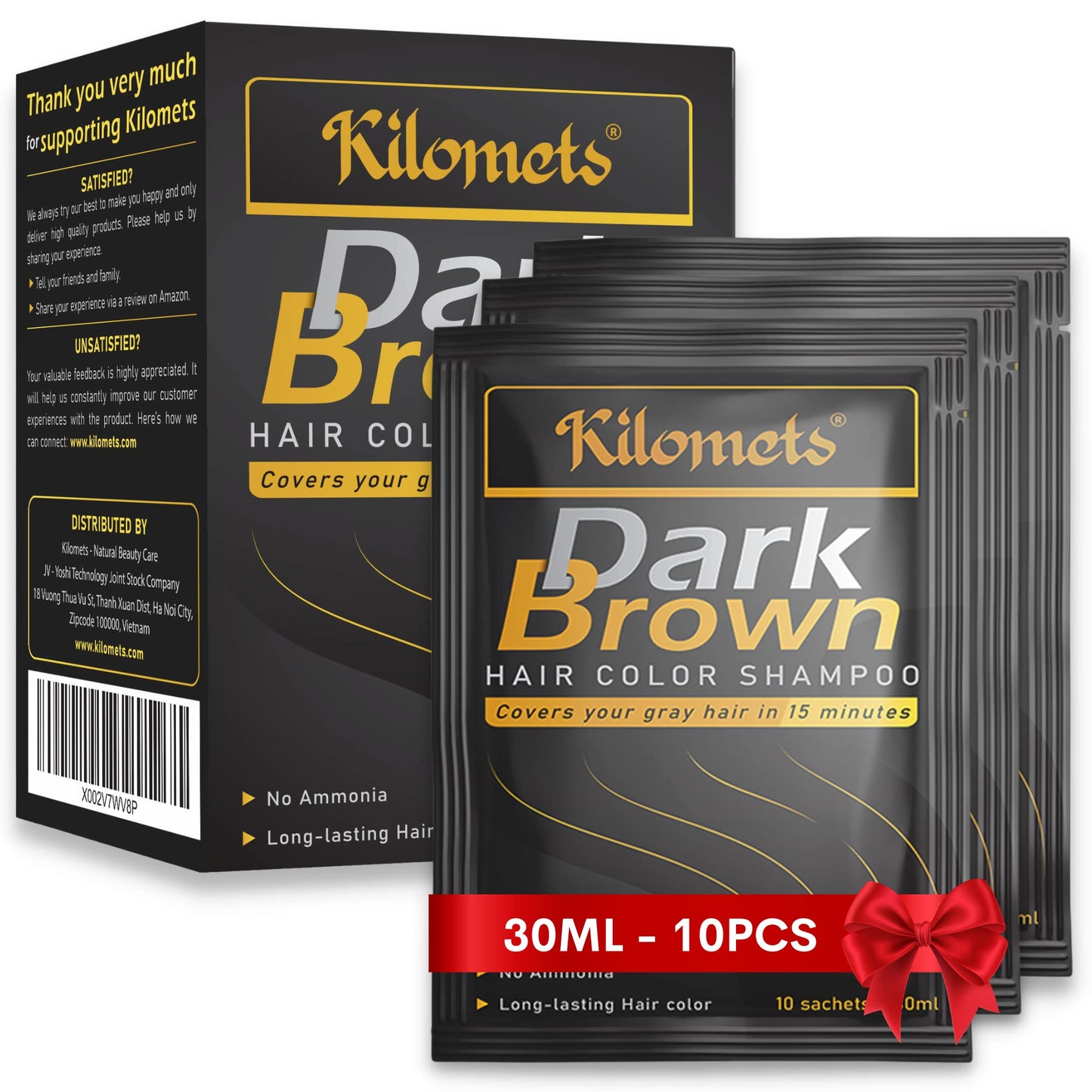 Kilomets Dark Brown Hair Dye Shampoo 3 IN 1 - Pack 10 Travel & Trial - Hair Color Shampoo Grey Coverage in Minutes Ammonia Free Hair Coloring Gift for Mom Dad