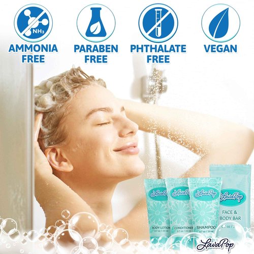 LavaPop - Travel Size Hotel Toiletries Bundle - Iris, Violet & Amber, 0.7 oz each, 200 Pcs - 4-Piece Set: 50 Rectangular Bar Soap, 50 Shampoo, 50 Conditioner & 50 Body Lotion - Bulk Small Toiletries