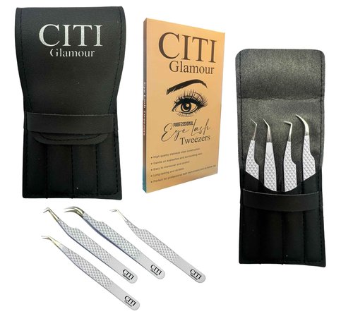 CITI GLAMOUR Lash Tweezers For Eyelash Extension set of 4 with Diamond Grip and Precise Fiber Tip For Volume,Mega Volume And Classic Lashes,Ideal for Lash Artist and at home use