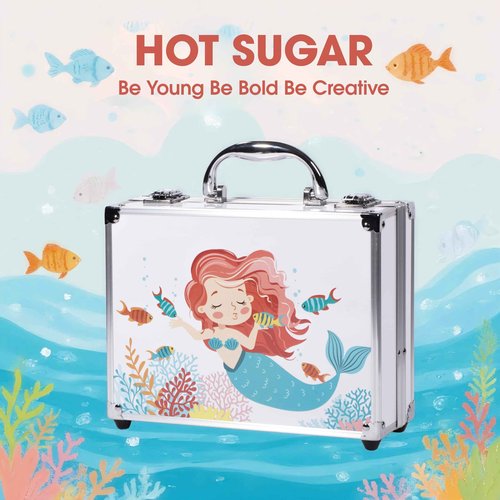 Hot Sugar Makeup Kit for Girls, Kids Makeup Set with Mermaid Train Case Includes Eyeshadow Palette, Blush, Lipstick, Lip Pencil, Eye Pencil