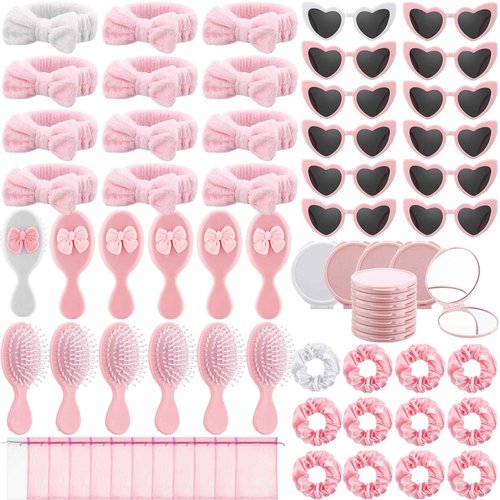 Reallnaive 72 Pcs Spa Sleepover Party Supplies Bachelorette Party Accessories Including Hair Brush Heart-shaped Glasses Mirrors Spa Headband Hair Ties for Bridesmaid Gift Sleepover Favor(Pink)