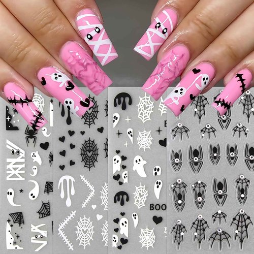 8 Sheets Spider Nail Art Stickers Halloween Ghost Nail Decals 3D Self-Adhesive Black White Heart Spider Web and Rhinestones Spiders Nail Design Acrylic Nails Decoration for Women Holiday Nail Charm