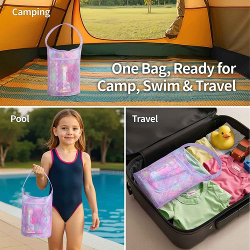 BrainyBees Kids Shower Caddy Mesh – Small Kids Toiletry Bag Girls Shower Bag Portable, Collapsible Camp Dorm Gym Travel Bathroom Essentials Gift, Purple Mermaid