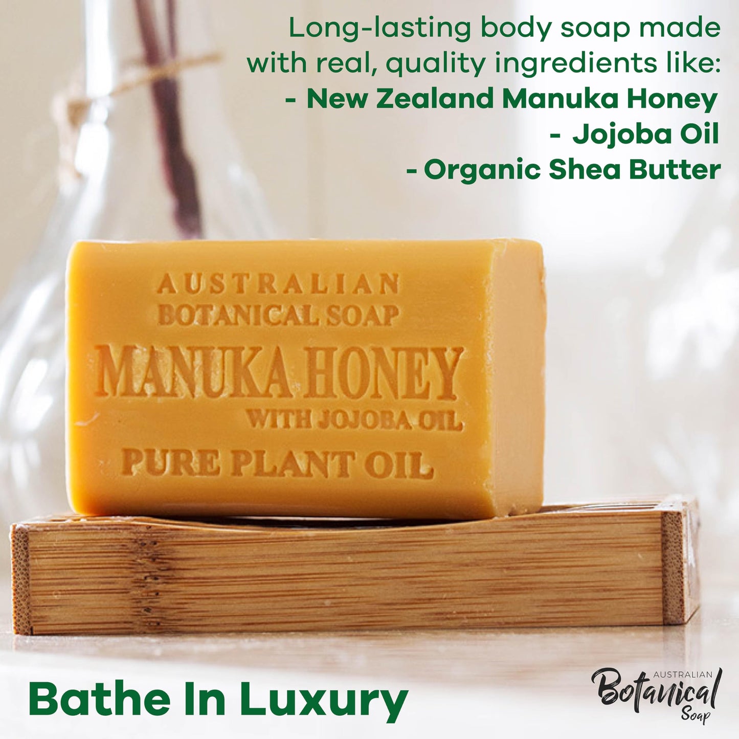 Australian Botanical Soap, Manuka Honey with Jojoba Oil 6.6 oz. (187 g) Soap Bars | Natural Soap Base | All Skin Types | Women & Men | Shea Butter Enriched Bar Soap - Pack of 4