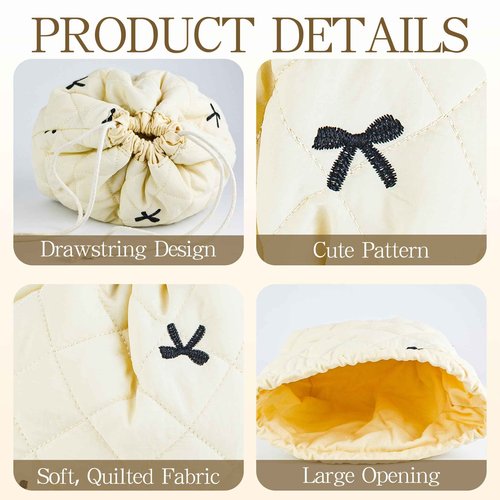 AMZMA Quilted Makeup Bag for Women, Coquette Aesthetic Cosmetic Bag, Cute Travel Toiletry Bag, Cotton Drawstring Pouch for Women and Girls