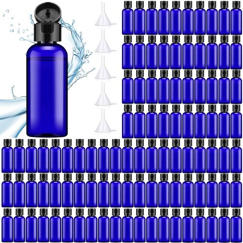 Eccliy 100 Pack 2 oz Travel Bottles Plastic Bottles with Lids Refillable Travel Size Cover Cap Plastic Liquid container for Toiletries Lotions Shampoo Creams Dispensing with 5 Funnels(Blue)