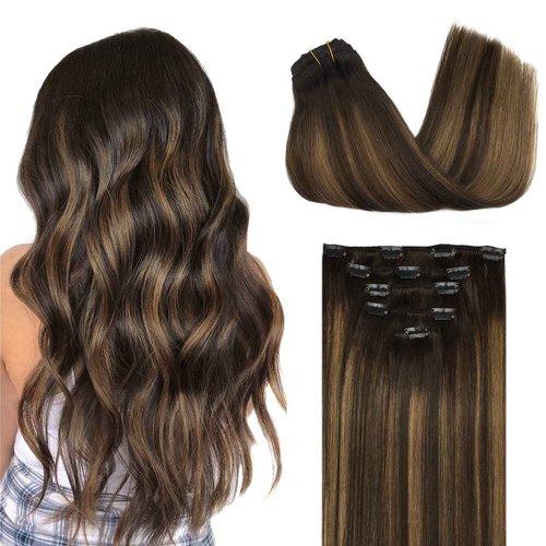 DOORES Clip in hair extensions, 5pcs 75g Dark Brown 14 Inch Human Hair Extensions Clip in Remy Hair Extensions Natural Straight