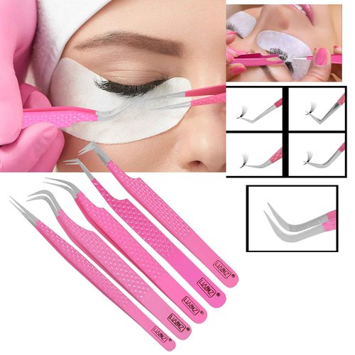 HADIZ Fiber Tip Eyelash Extension tweezers Lash Tweezer Japanese Steel set of five (Raspberry)
