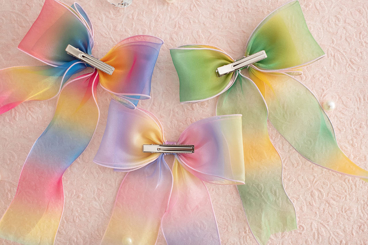 Summer Crystal Organza Large Bow Alligator Hair Clip - Long Ribbons - For Girls and Women - Ideal Hair Accessory for Birthdays, Daily Wear, Holidays, and Parties (Organza Melon)