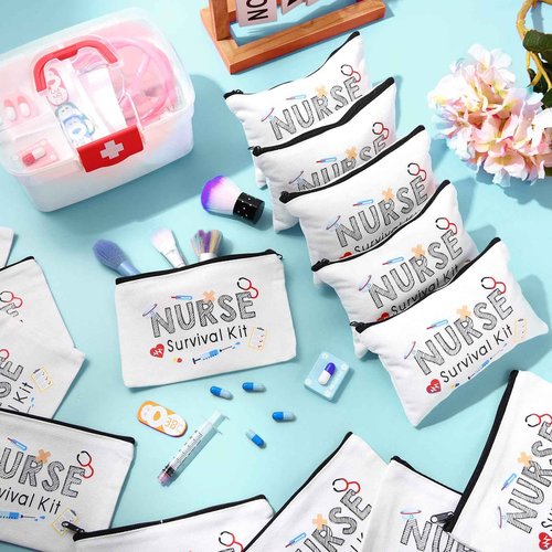 Abbylike 50 Pieces Nurse Gift Bag Survival Kit Makeup Bags Canvas Multi Purpose Zipper Pouch Funny Travel Bag for Birthday Nurse Week Practitioner Gifts for Women, 7.09 x 4.33 Inch(White)