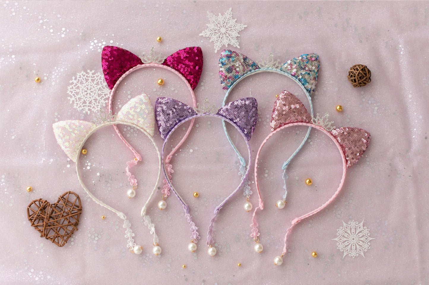 Summer Crystal Girl Sequins Cat Ears Headband with Earring Pendants For Birthdays, Halloween and Parties (Holographic)